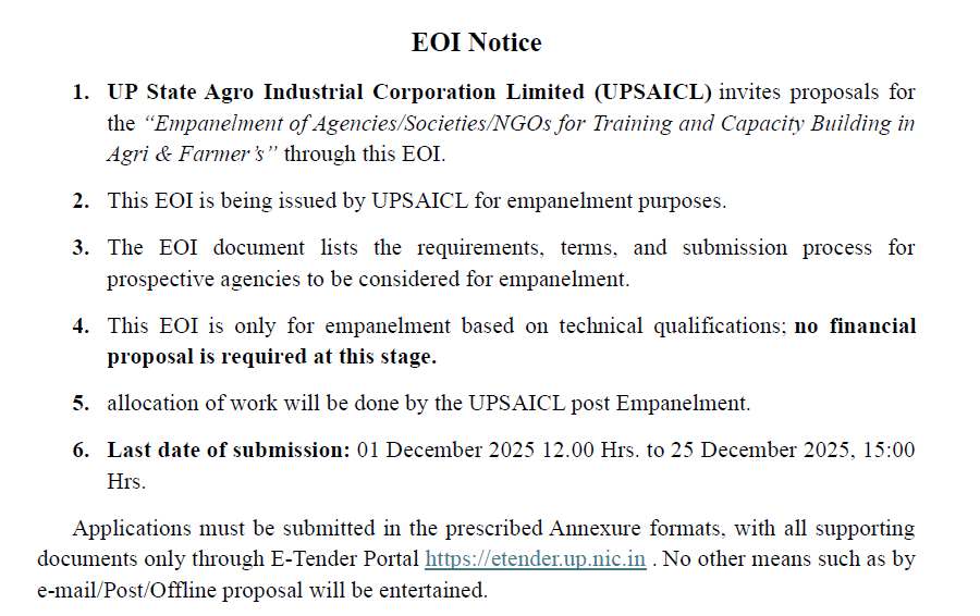 Official notice inviting agencies to collaborate with UPSAICL for agriculture skill development, farmer training, and capacity building programs in India.