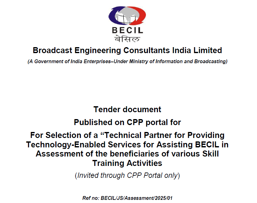 Official notice for appointment of a technology partner to provide digital assessment solutions for BECIL skill training beneficiary evaluation.