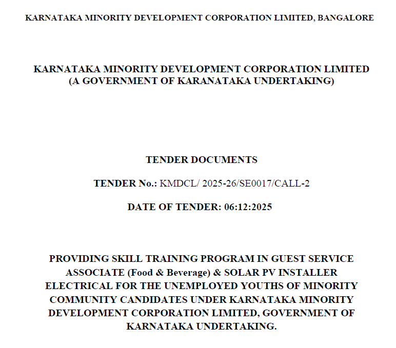 Tender notification for hospitality and renewable energy skill training programs for minority community youth in India.