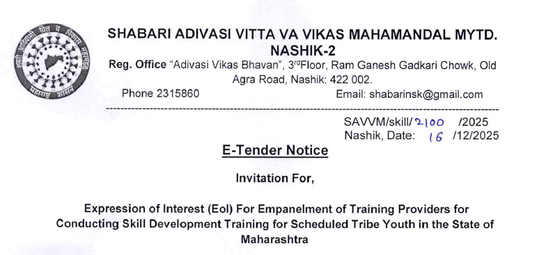 EOI notice for empanelment of training providers to conduct skill development programs for ST youth in Maharashtra by Shabari Mahamandal