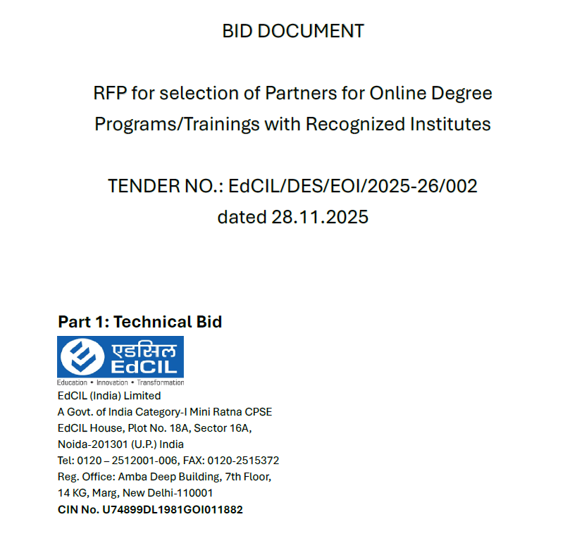 RFP issued by EdCIL India Limited inviting partner institutions for online degree and training programs in India.