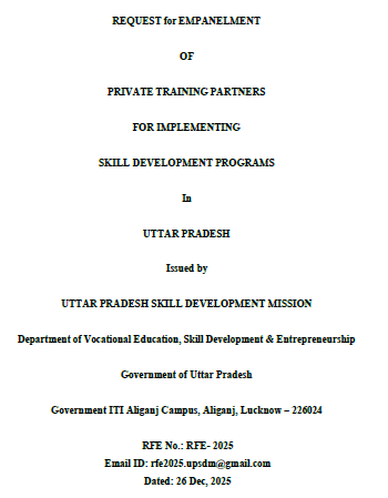 UPSDM RFE 2026 inviting private skill training partners for empanelment under Uttar Pradesh Skill Development Mission.