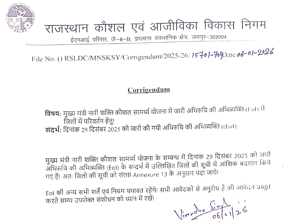EOI for skill training programs under Mukhya Mantri Nari Shakti Kaushal Samarthya Yojana (MNSKSY) Rajasthan 2025–26.