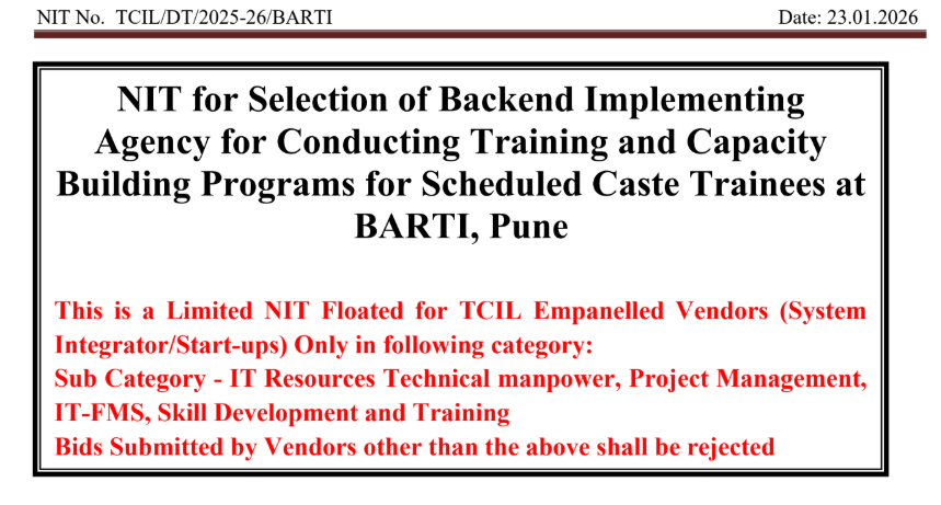 NIT inviting backend implementing agency for Scheduled Caste training and capacity building programs at BARTI Pune.